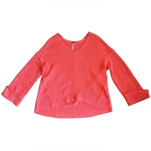 Free People Coral La Brea V-Neck Oversized‎ Ribbed Knit Sweater Size Small - Picture 3 of 8